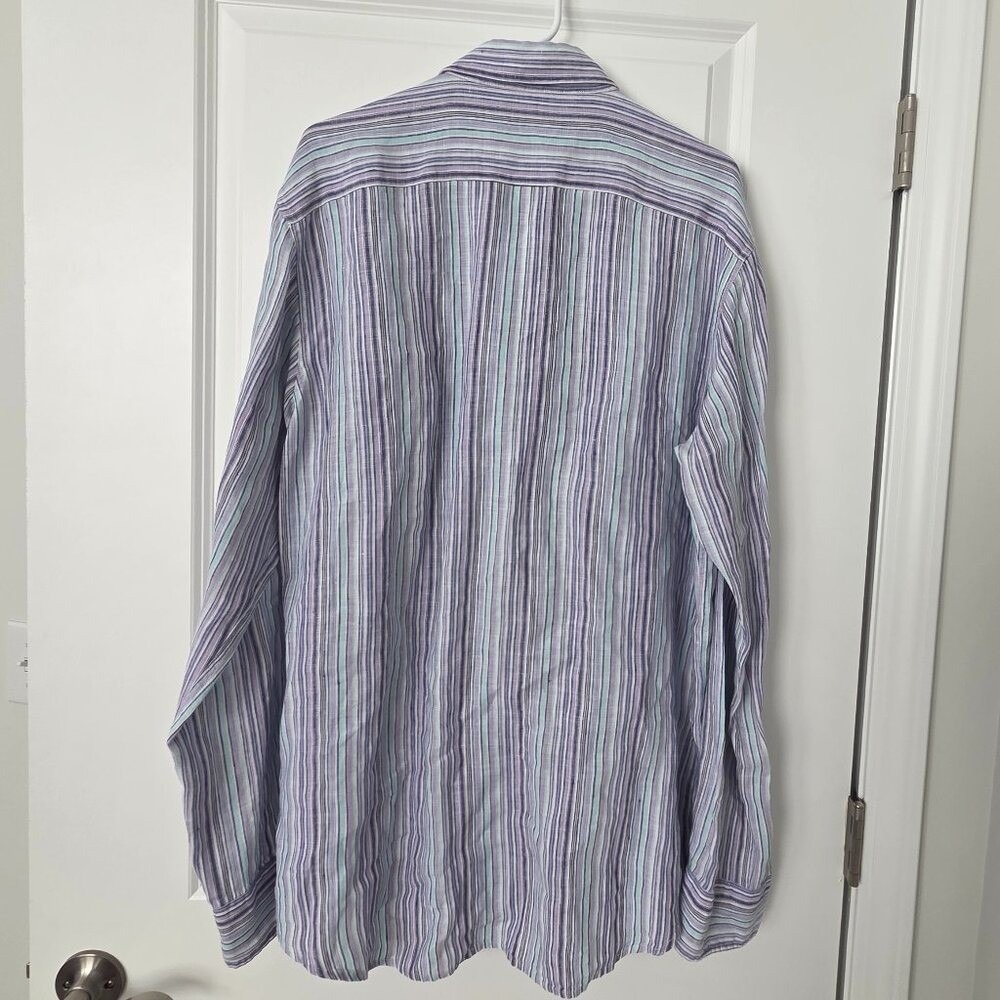 Toscano Untucked Shirt Men L Resort LS Striped Aqua Linen Breathable Vacation - Picture 3 of 5